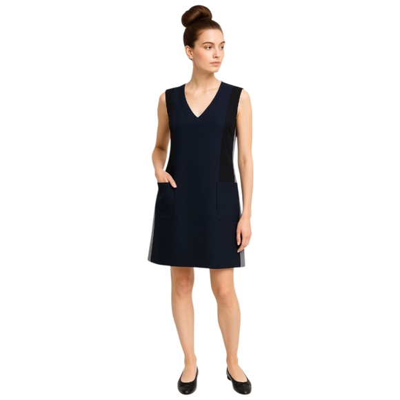 REBECCA TAYLOR Colorblock Shift Dress Rolled Cap Sleeves Navy Black Lavender 6 M - Picture 2 of 12
